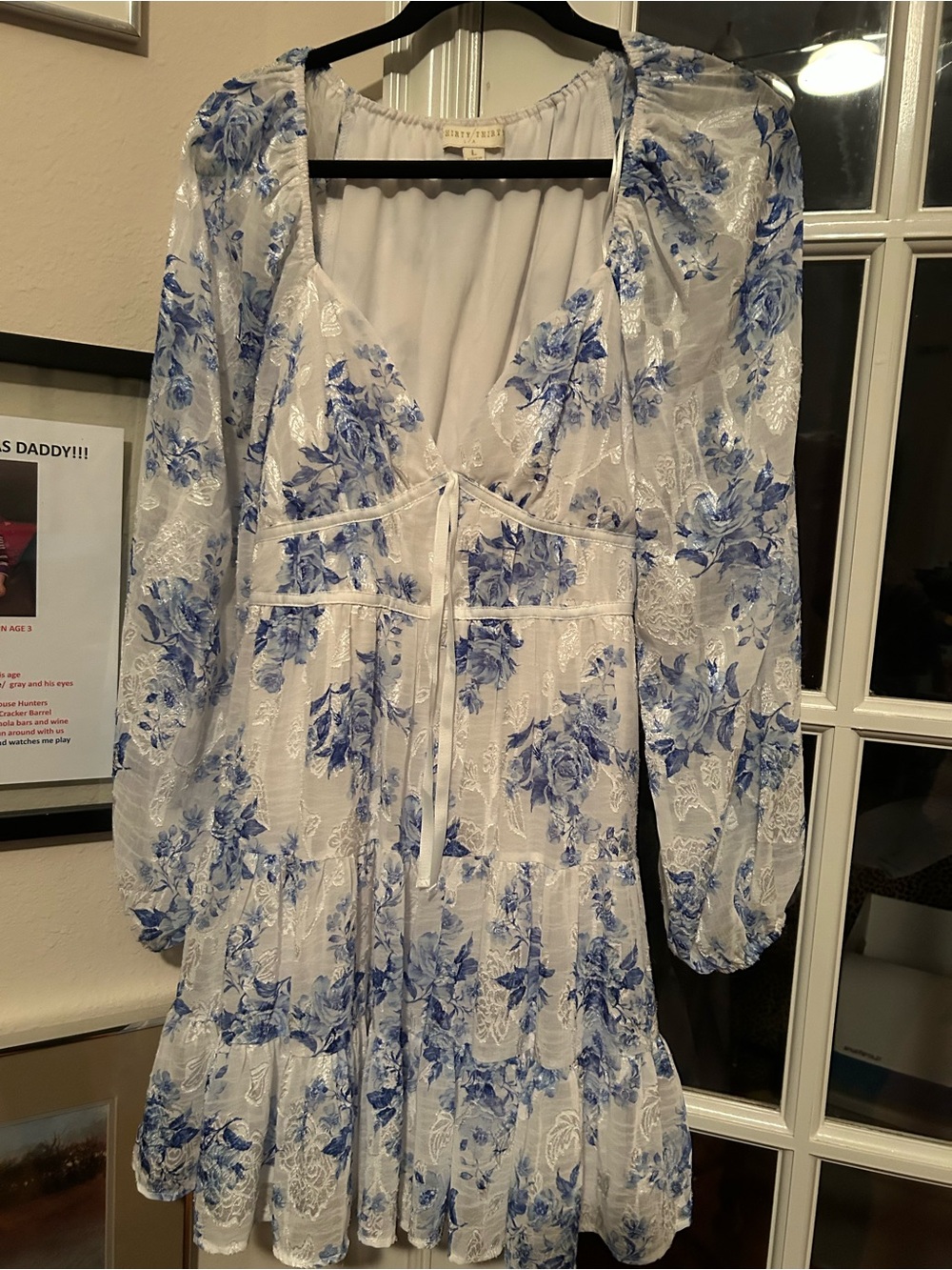 Women's White Lace Mini Dress with Blue Floral Print
